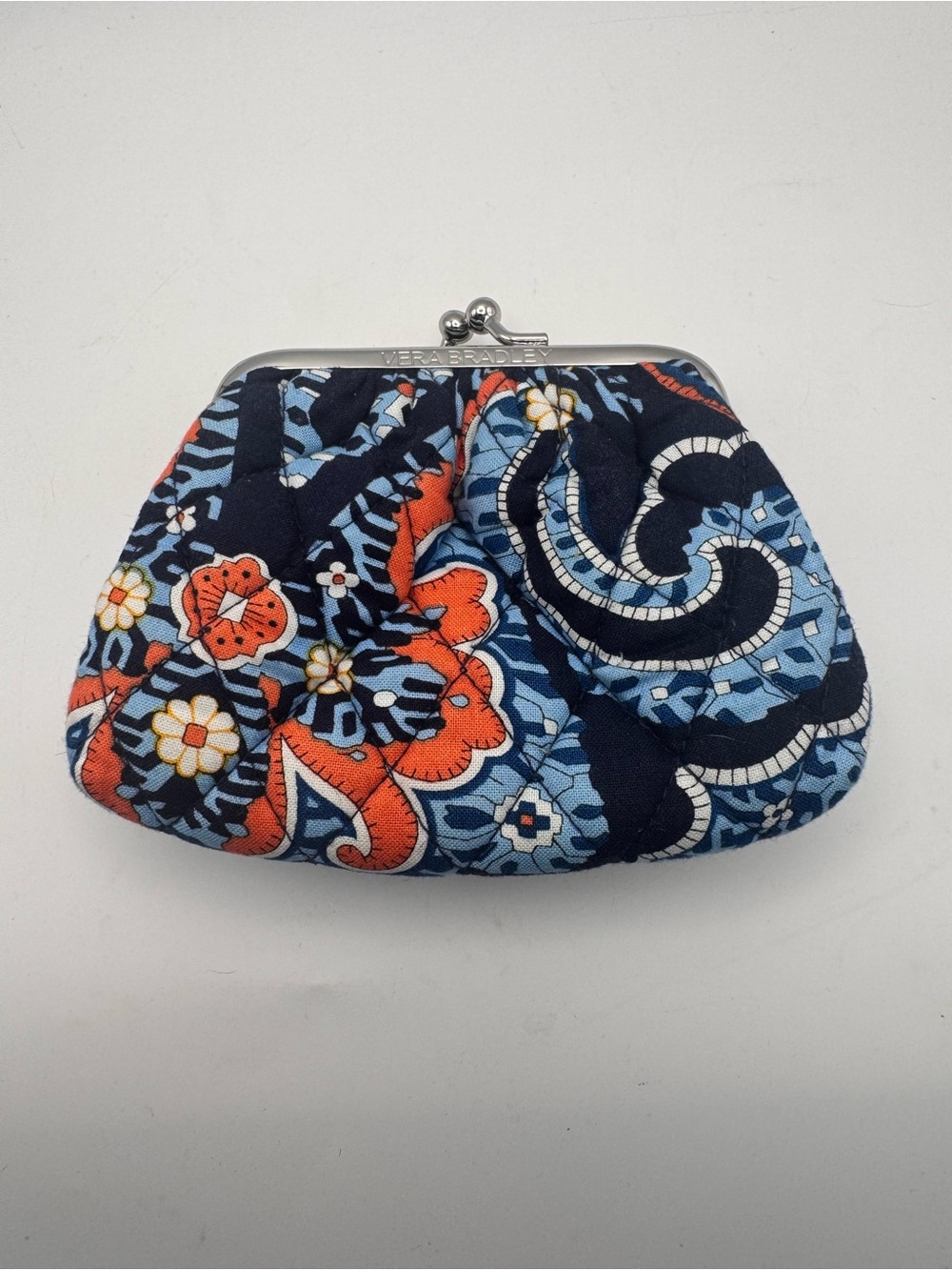 Vera Bradley Double Kiss Kisslock Coin Change Purse Navy Blue Orange Marakesh